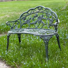 Cast Aluminum Loveseat Garden Bench with Rose Floral Decoration