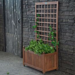 Wood Planter Box on Wheels with Grid-style Trellis
