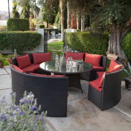 Modern 8-Seat Wicker Resin Patio Dining Set with Red Cushions