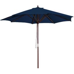 9-Foot Wood Frame Patio Umbrella with Pulley and Royal Blue Canopy