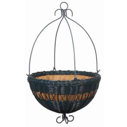 14-inch Hunter Green Resin Wicker Hanging Planter with Coco Fiber Liner